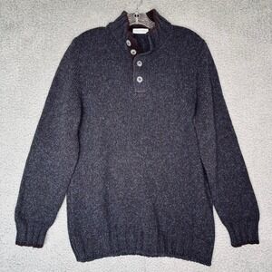 Gran Sasso Mens 54/L Virgin Wool Quarter Button Mock Neck Sweater Navy Italy